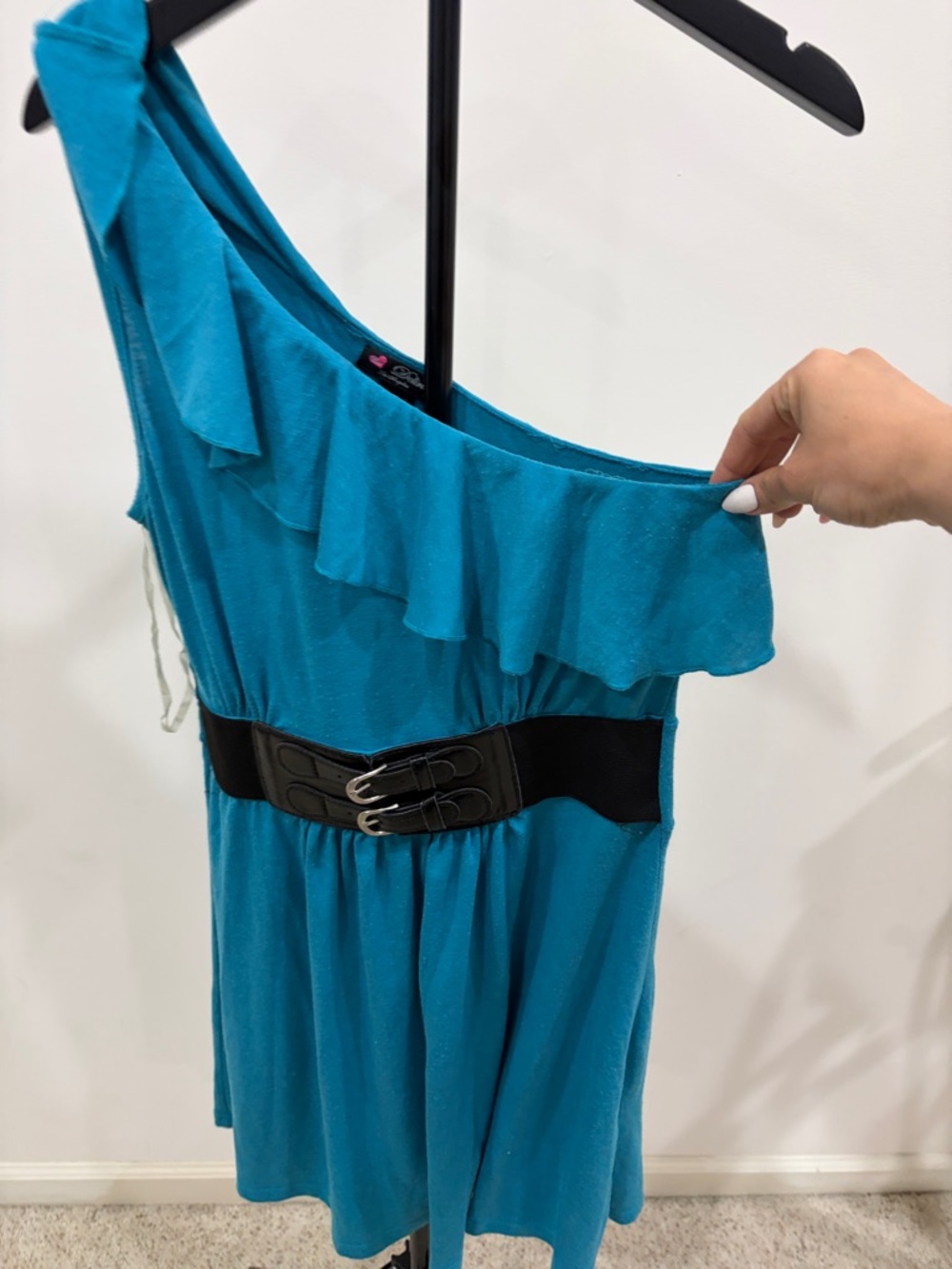 One-Shoulder Teal Ruffle Dress with Black Belt